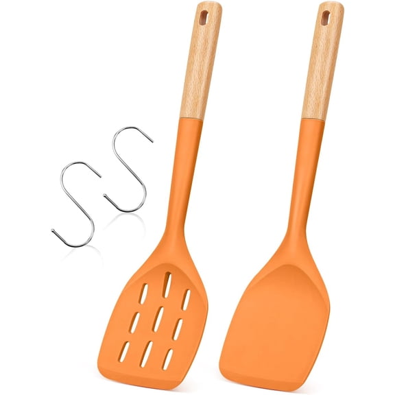 Pack of 2 Silicone Spatula, Non Stick Cooking Utensil Set, Wooden Handle Kitchen Turner for Baking Mixing Grilling Serving Food Heat Resistant (ORANGE)