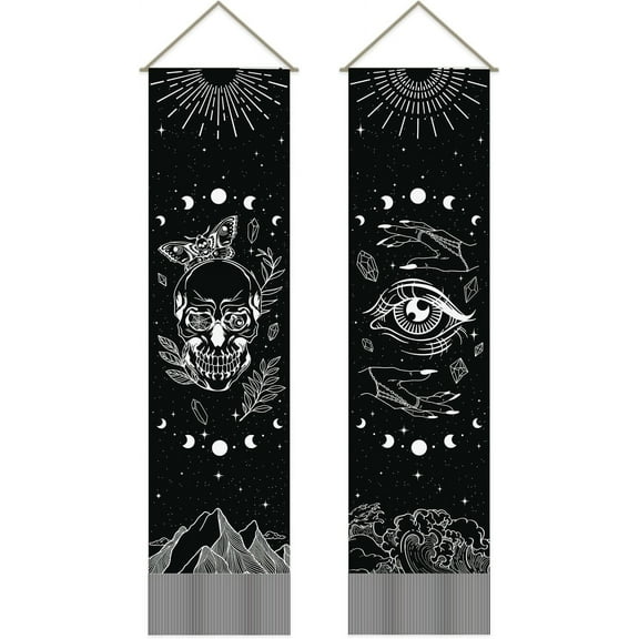 Pack of 2 Skull Moths & Eyes Tapestries Skull Eye Patter Vertical Bohemian Tapestry Mystical Bohemianl Tassel Tapestry Wall Hanging for Bedroom Living Room Home 13 x 51 Inch