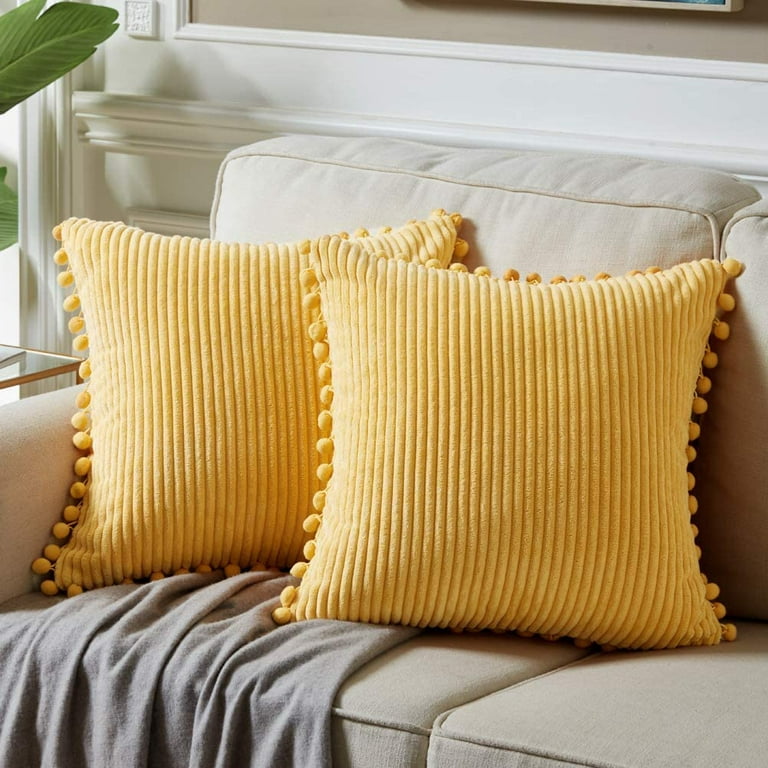 Pack of 2 Soft Corduroy Big Decorative Throw Pillow Covers with Pom-poms,  Solid Square Cushion Case Pillow Cases Set for Couch Sofa Bedroom Car  Living Room (26x26 Inch/66x66 cm, Yellow) 