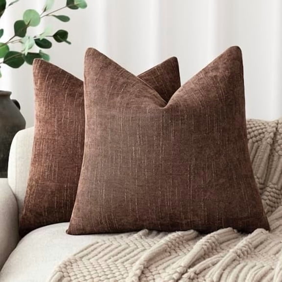 Pack of 2 Soft Textured Chenille Throw Decorative Pillow Covers Square Accent Solid Cushion Cover Cozy Neutral Farmhouse Pillow Case for Couch Sofa Bedroom Living Room 16x16 Inch,Red Brown