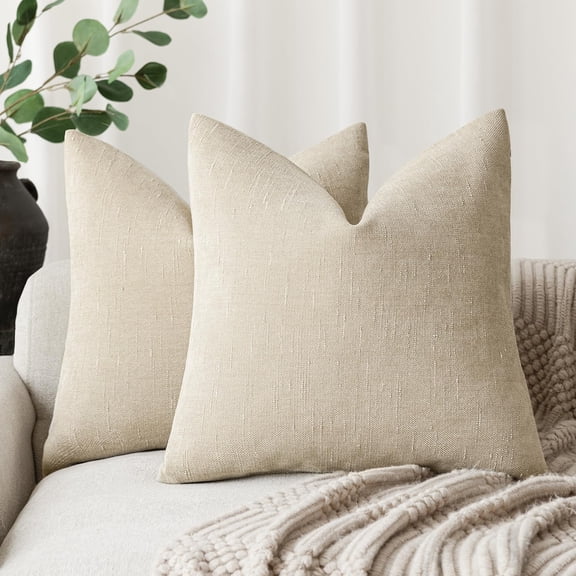 Pack Of 2 Soft Textured Throw Decorative Pillow Covers Square Accent Solid Cushion Cover Cozy Neutral Farmhouse Case For Couch Sofa Bedroom Living Room 18x18 Inch Beige