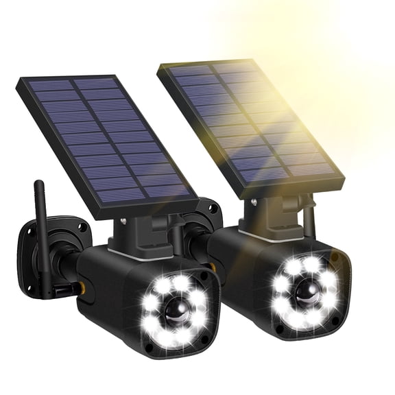 Pack of 2 Solar Battery Powered, Fake Security Camera, Dummy Cameras, Motion-Activated Floodlights, Realistic Look, Easy to Install, IP66 Waterproof, Warning Sticker Included