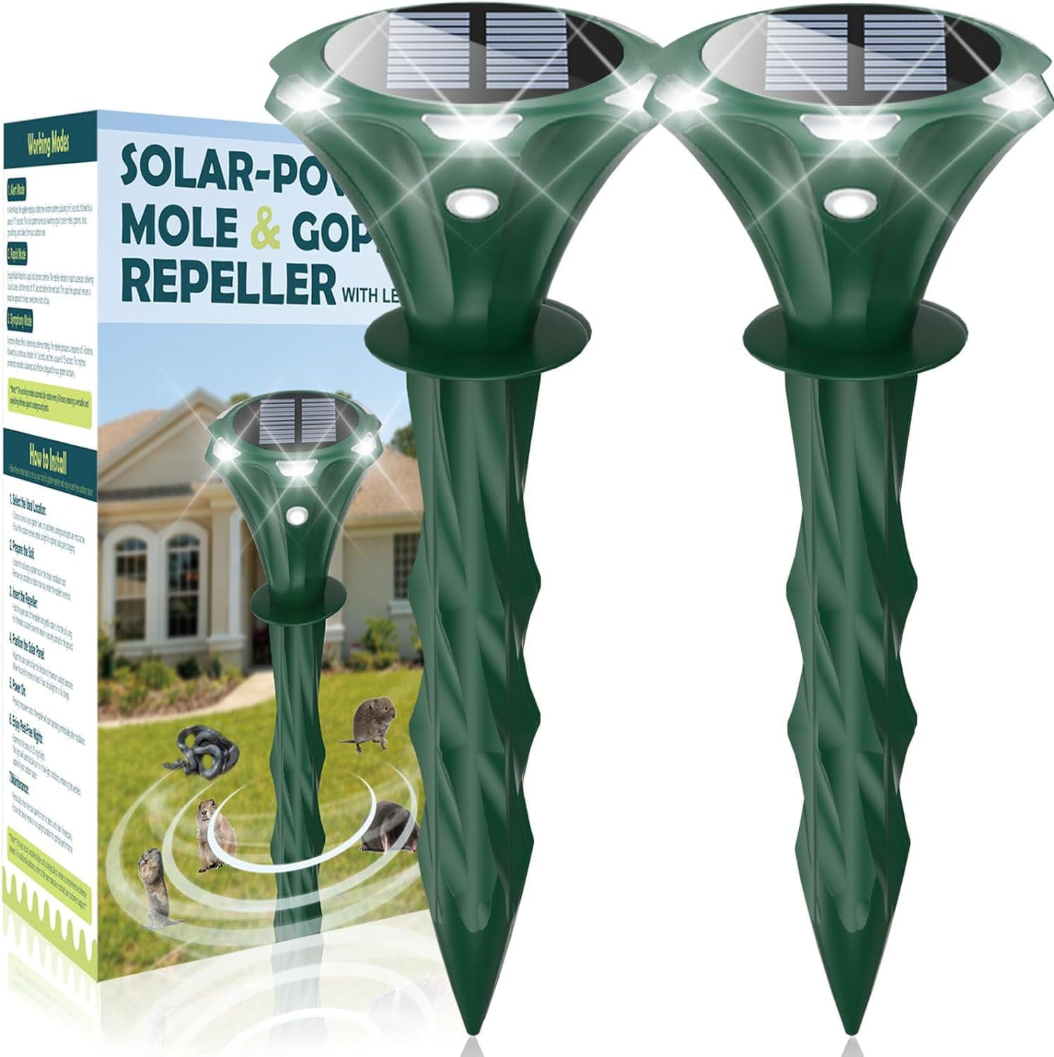 Pack of 2 Solar Mole Repellent Sonic Gopher Repellent Vole Chaser Mole
