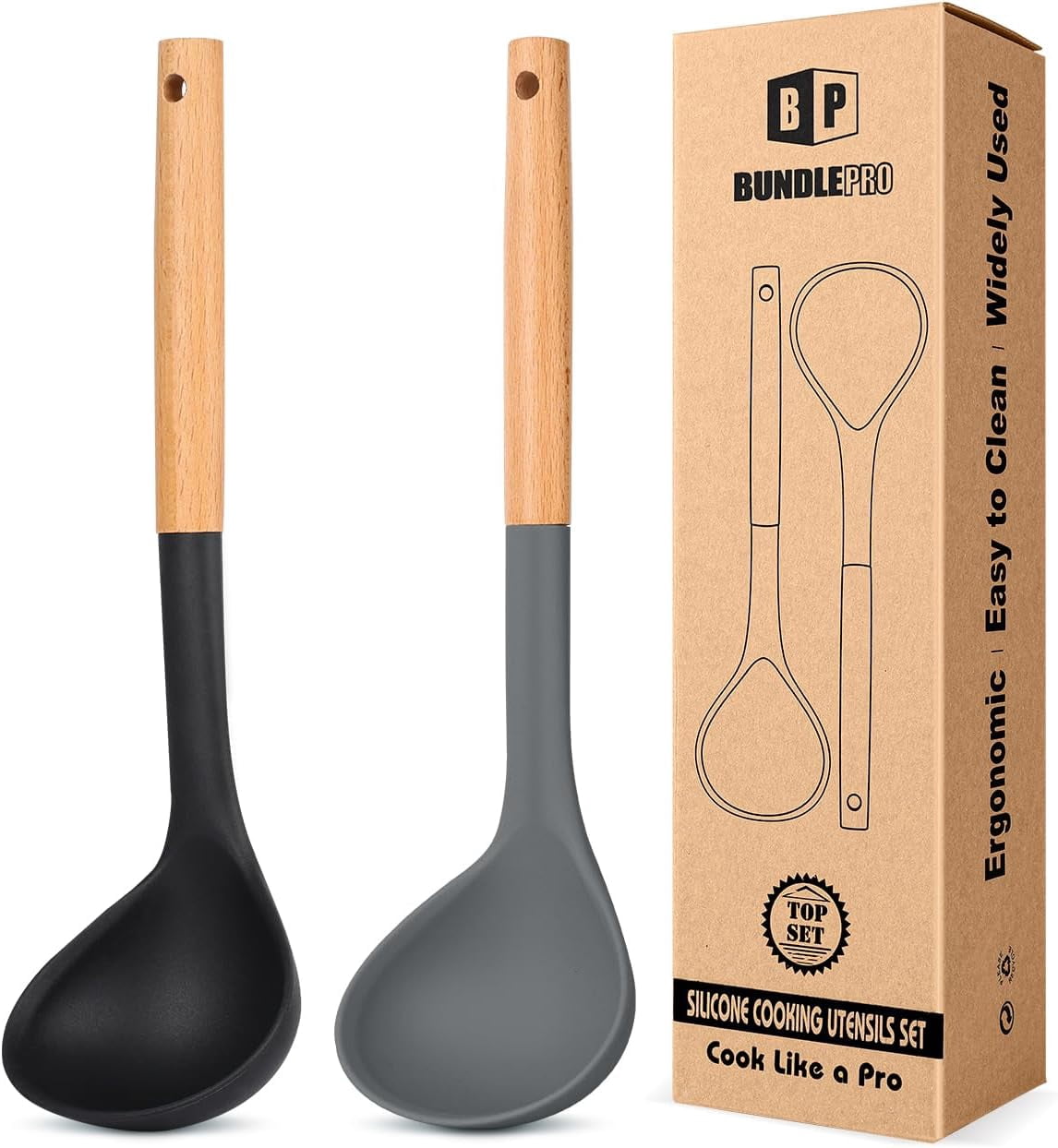 Pack of 2 Soup Ladle, Silicone Ladle Spoon with Wooden Handle, Large ...