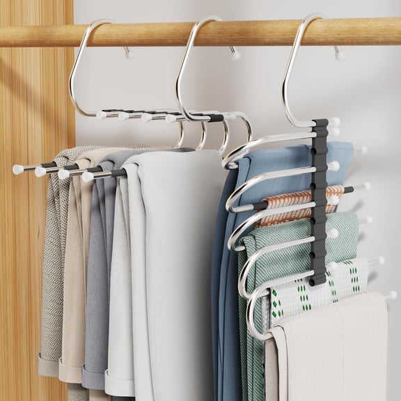 Aisle 3 Essentials 5 Tier Pants Hangers with Open-Ended Bars, Space-Saving Vertical Multi Pant Hanger for Jeans, Trousers and Slacks, Stackable Closet Organizer, Black, 2 Pack