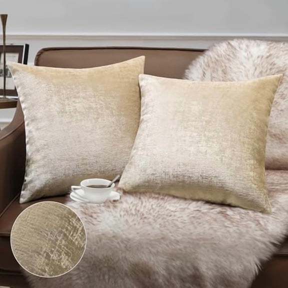Pack of 2 Sparkling Velvet Decorative Solid Throw Decorative Pillow Cover Soft Gold Glitter Square Cushion Cover Pillowcase for Couch Bed and Chair, Beige, 18 x 18 inches, 45 x 45 cm