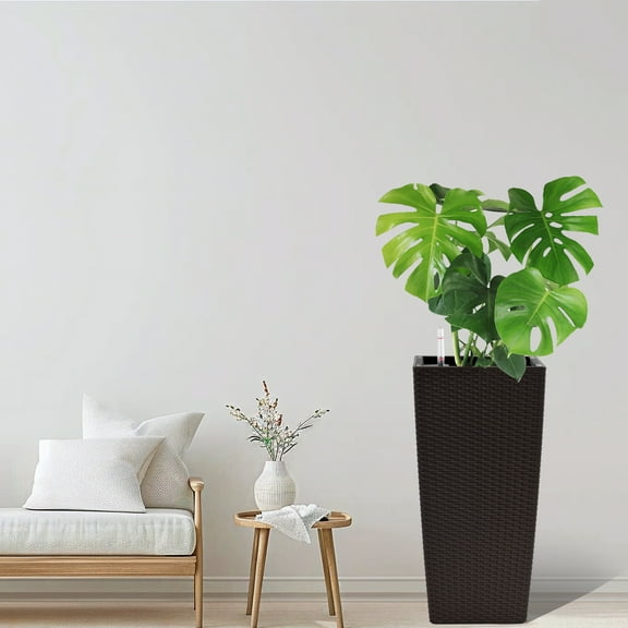 Pack of 2 Square Planter 22-Inch High Faux Rattan Design Flower Pot with Automatic Watering System for Porch Patio Backyard Makes Keeping Flowers Brown Color Planter