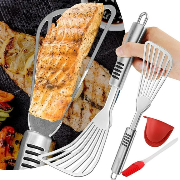Pack Of 2 Stainless Steel Thin Slotted Fish Turner Spatula Set,non-slip Handle Metal Spatula For Flipping Foods,grilling,frying,easy To Clean,bbq Spatula With Oil Brush