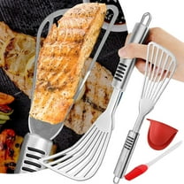 Pack Of 2 Stainless Steel Thin Slotted Fish Turner Spatula Set,non-slip Handle Metal Spatula For Flipping Foods,grilling,frying,easy To Clean,bbq Spatula With Oil Brush