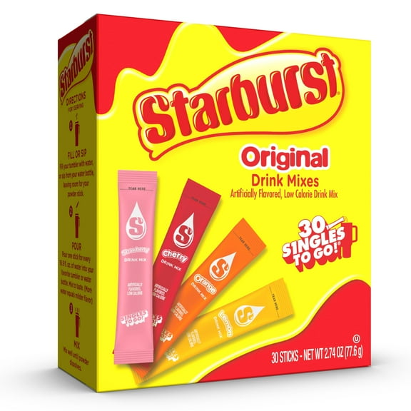 Pack of 2 - Starburst Singles To Go Variety Pack, Watertok Powdered Drink Mix, Includes 4 Flavors, Strawberry, Cherry, Orange And Lemon 1 Box (30 Servings)