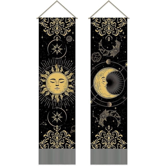 Pack of 2 Sun Moon Tapestries Constellation Universe Tapestry Mystical Black Gold Color Matching Sun Moon Tassel Tapestry Wall Hanging for Room 13 x 51 Inch