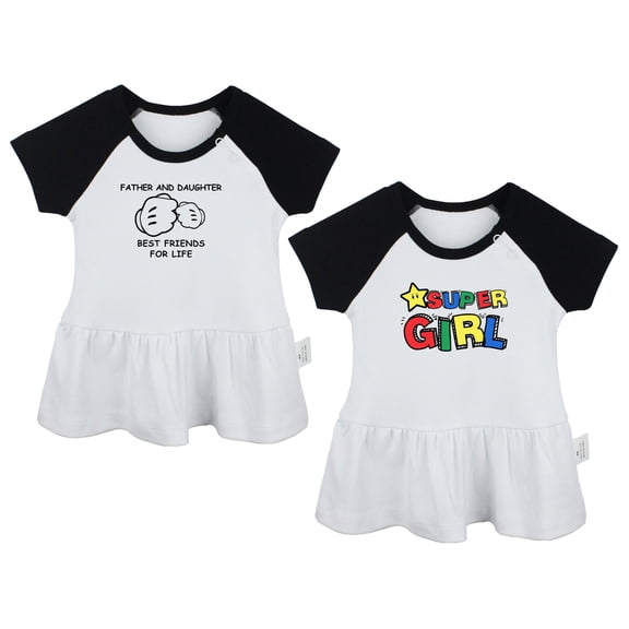 Pack of 2, Super Girl & Father And Daughter Best Friends Funny Dresses For Baby, Newborn Babies Skirts, Infant Princess Dress, Toddler Frocks (Black Raglan Dresses, 12-18 Months)