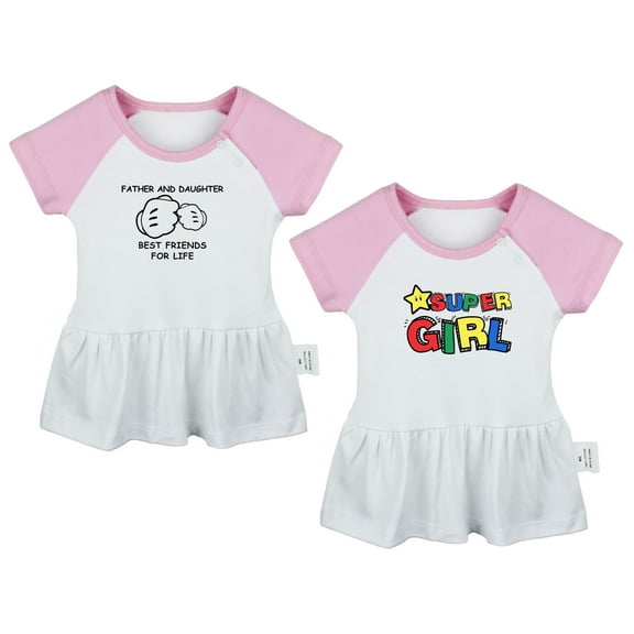 Pack of 2, Super Girl & Father And Daughter Best Friends Funny Dresses For Baby, Newborn Babies Skirts, Infant Princess Dress, Toddler Frocks (Pink Raglan Dresses, 0-6 Months)