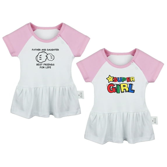 Pack of 2, Super Girl & Father And Daughter Best Friends Funny Dresses For Baby, Newborn Babies Skirts, Infant Princess Dress, Toddler Frocks (Pink Raglan Dresses, 0-6 Months)