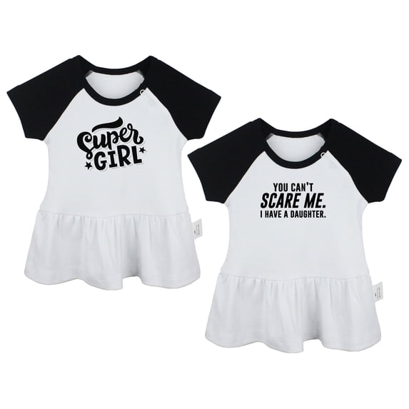 Pack of 2, Super Girl & You Can't Scare Me I Have a Daughter Funny Dresses For Baby, Newborn Babies Skirts, Infant Princess Dress, Toddler Frocks (Black Raglan Dresses, 12-18 Months)