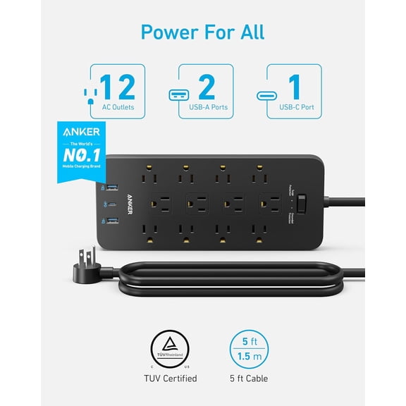 (Pack of 2) Surge Protector Power Strip (2100J), 12 Outlets with 1 USB C and 2 USB Ports for iPhone 15/15 Plus/15 Pro/15 Pro Max, 5feet Extension Cord, Flat Plug, 20W for Home,Office,TUV Listed