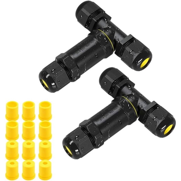 Pack of 2 T-shaped Junction Box, IP68 Waterproof Junction Box 3 Way Sleeve Waterproof Cable Connector Connectors Outdoor Electrical Enclosure for 4-14 mm