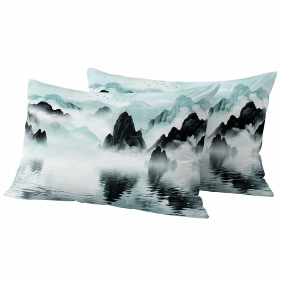 Pack of 2 Teal Mountain Lake Outdoor Pillow Covers Decorative, Waterproof Pillow Protector, Misty Abstract Art Landscape Art Lumbar Throw Pillowcases for Patio Couch Sofa Home Decor 20"x12"