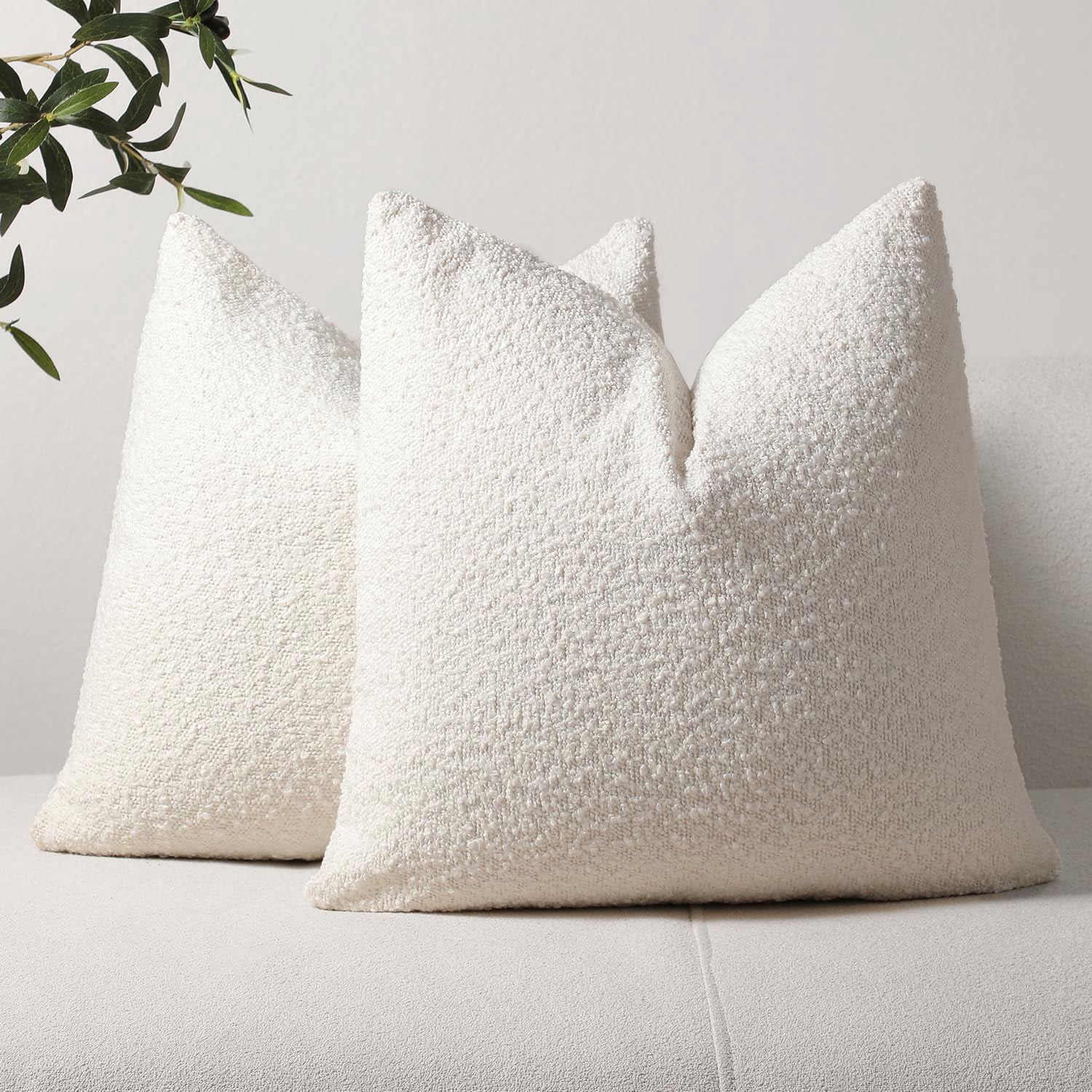 Set of 2 Textured Boucle Throw Pillow Covers 18x18 Inch Accent Solid Pillow Cases Cozy Soft Decorative Couch Cushion Case for Chair Sofa Bedroom Living Room Home Decor, Beige