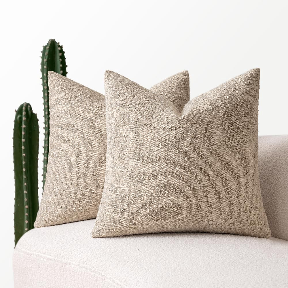 SANMADROLA Set of 2 Textured Boucle Throw Pillow Covers 18x18 Inch Accent Solid Pillow Cases Cozy Soft Decorative Couch Cushion Case for Chair Sofa Bedroom Living Room Home Decor, Light Tan