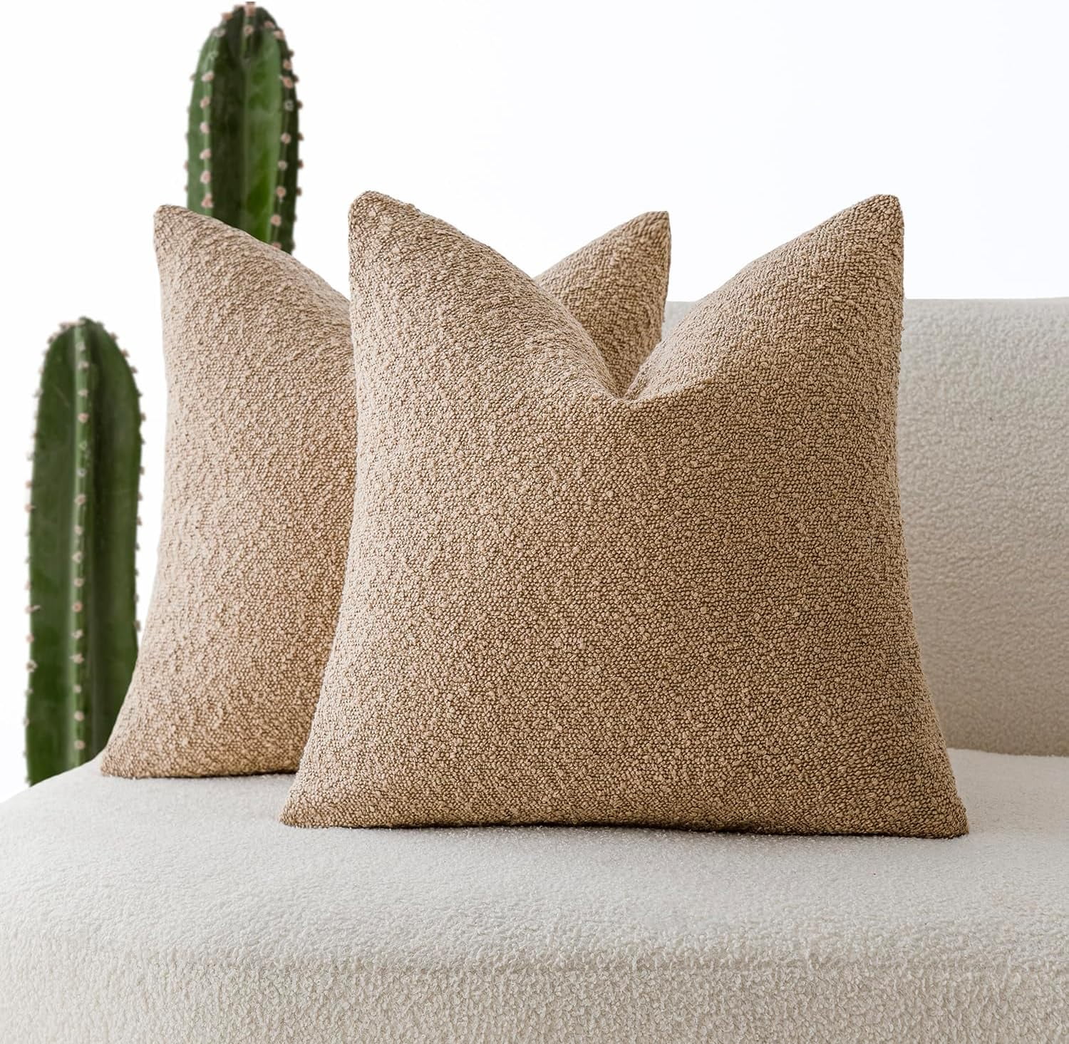 Camel Boucle 18"x18" Textured Throw Pillow Covers, Set of 2