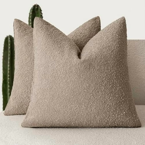 Pack of 2 Textured Boucle Throw Pillow Covers Neutral Accent Solid Decorative Pillow Cases Cozy Woven Couch Cushion Case for Sofa Bedroom Living Room Home Decor 20x20 Inch Light Khaki Tan