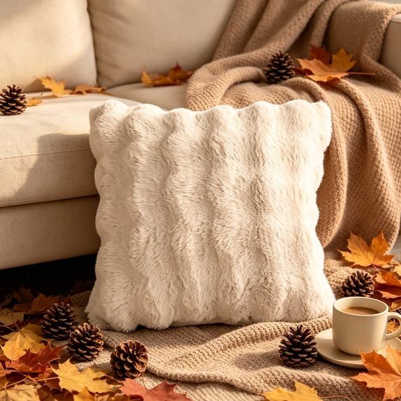 Pack of 2 Thick Plush Throw Pillow Covers Fluffy Wave Faux Fur Decorative Cushion Covers Soft Wool Pillowcase for Sofa Couch Livingroom 18x18 Inch Beige