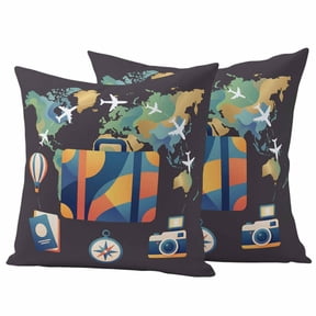 Pack of 2 Travel Adventure Outdoor Pillow Covers Decorative, Waterproof Pillow Protector, Abstract Art Maps Suitcase Hot Balloons Throw Pillowcases Accent Cushion Cases for Patio Couch Sofa 16"x16"