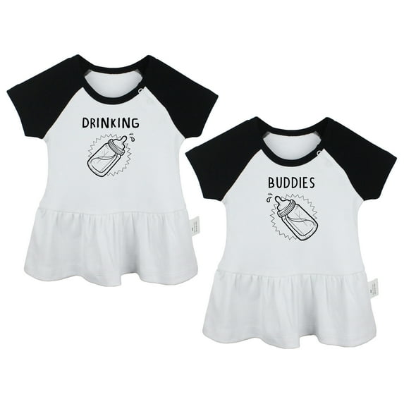 Pack of 2, Twins Baby Drinking Buddies Funny Dresses For Baby, Newborn Babies Skirts, Infant Princess Dress, Toddler Frocks (Black Raglan Dresses, 0-6 Months)