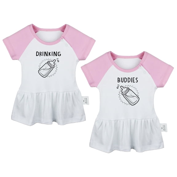 Pack of 2, Twins Baby Drinking Buddies Funny Dresses For Baby, Newborn Babies Skirts, Infant Princess Dress, Toddler Frocks (Pink Raglan Dresses, 0-6 Months)