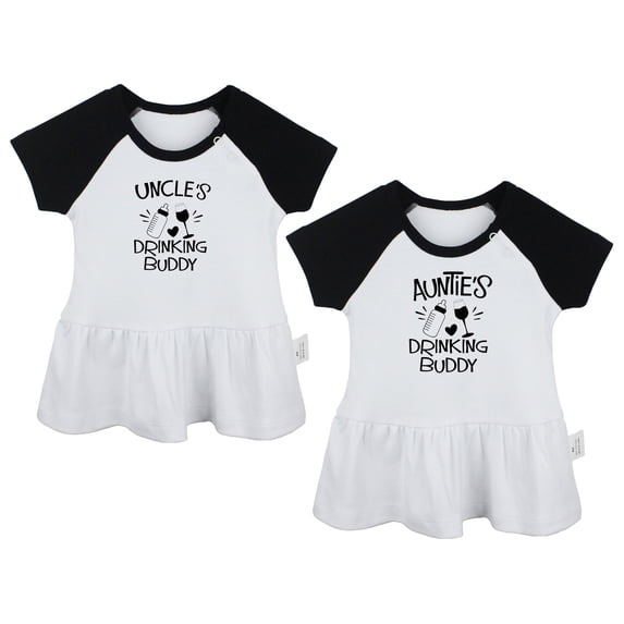 Pack of 2, Uncle's Drinking Buddy & Auntie's Drinking Buddy Funny Dresses For Baby, Newborn Babies Skirts, Infant Princess Dress, Toddler Frocks (Black Raglan Dresses, 0-6 Months)