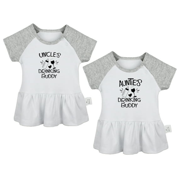 Pack of 2, Uncle's Drinking Buddy & Auntie's Drinking Buddy Funny Dresses For Baby, Newborn Babies Skirts, Infant Princess Dress, Toddler Frocks (Gray Raglan Dresses, 12-18 Months)
