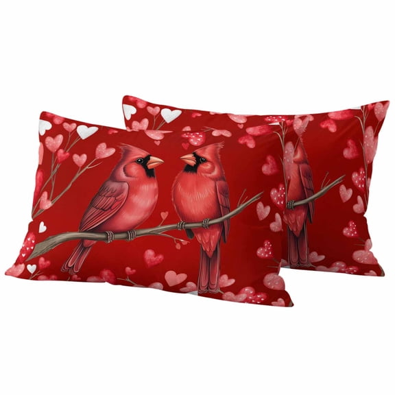 Pack of 2 Valentine's Cardinal Outdoor Pillow Covers Decorative, Waterproof Pillow Protector, Red Love Heart Birds Branch Lumbar Throw Pillowcases for Patio Couch Sofa Home Decor 20"x12"