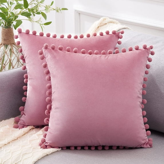 Pack of 2 Velvet Throw Pillow Covers 12 x 20 Inches ,Soft Velvet Rectangle Cushion Case with Pom-poms for Couch Bed Sofa Living Room Home Decor (Pink)