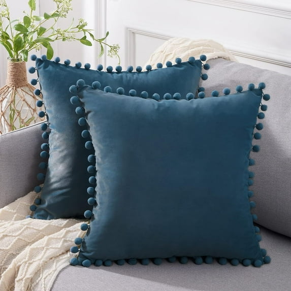 Pack of 2 Velvet Throw Pillow Covers 20 x 20 Inches ,Soft Velvet Square Cushion Case with Pom-poms for Couch Bed Sofa Living Room Home Decor (Dusty Blue)