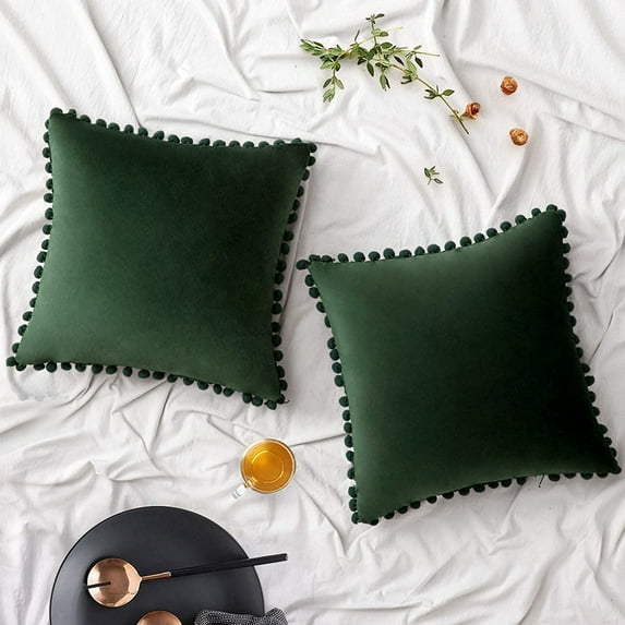 Pack of 2 Velvet Throw Pillow Covers Pompom Decorative Pillowcases Solid Soft Cushion Covers with Poms Square for Couch Sofa Bedroom Car 18x18inch Dark Green