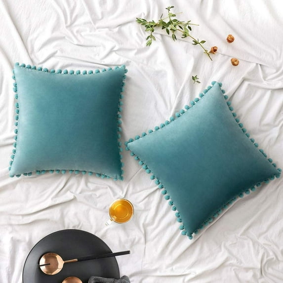 Pack of 2 Velvet Throw Pillow Covers Pompom Decorative Pillowcases Solid Soft Cushion Covers with Poms Square for Couch Sofa Bedroom Car 18x18inch Dark Green