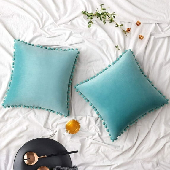 Pack of 2 Velvet Throw Pillow Covers Pompom Decorative Pillowcases Solid Soft Cushion Covers with Poms Square for Couch Sofa Bedroom Car 18x18inch Dark Green