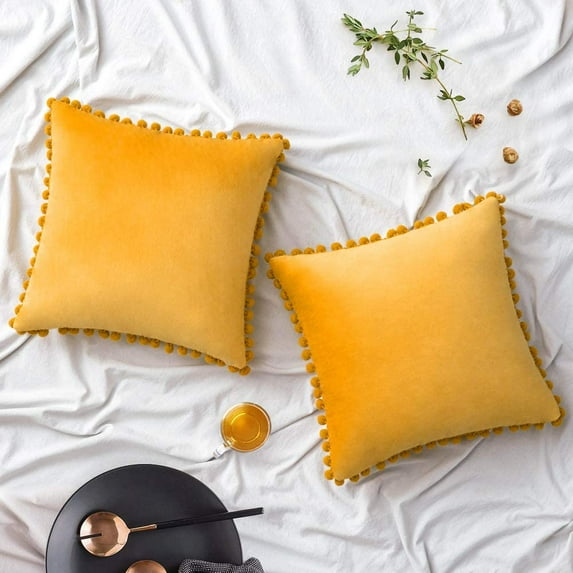 Pack of 2 Velvet Throw Pillow Covers Pompom Decorative Pillowcases Solid Soft Cushion Covers with Poms Square for Couch Sofa Bedroom Car 18x18inch Dark Green-Mustard Yellow&22"x22"