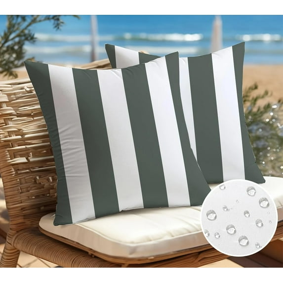 Pack of 2, Waterproof Pillow Covers Outdoor Throw Pillowcases Decorative Garden Cushion Case for Home Garden Patio Couch Balcony Striped 18 x 18 inch/45x45cm Dark Grey & White