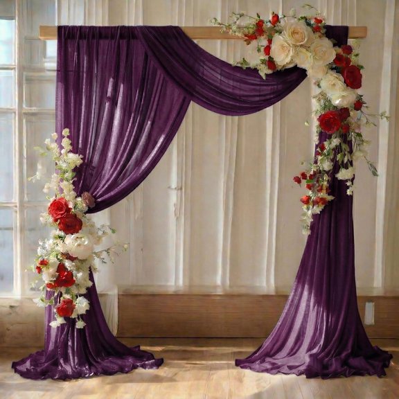 Pack of 2 Wedding Arch Drape Panel (30" Width x 40ft Long) Sheer Chiffon Arbor Canopy Drapery Fabric for Wedding Ceremony Reception Decoration Party Ceiling Backdrop Curtain Swag - Eggplant