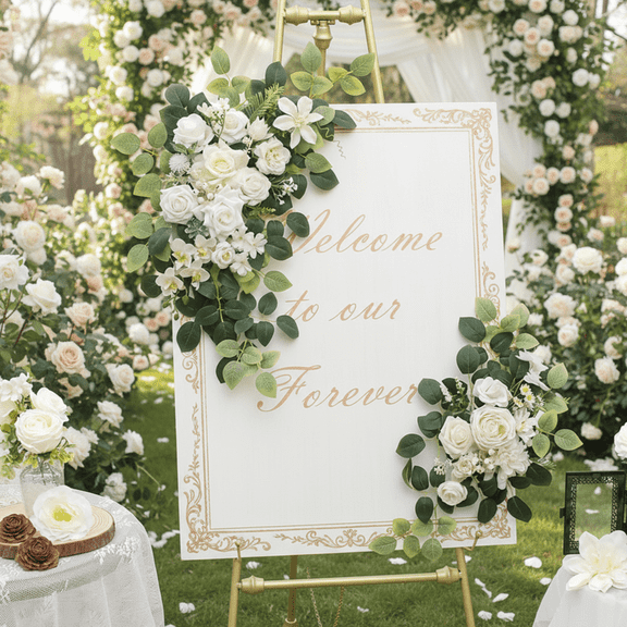 Pack of 2 Wedding Arch Flowers, Artificial White Rose Eucalyptus Floral Corner Swag, Faux Silk Flower Arrangement for Wedding Welcome Sign, Bridal Shower Reception Backdrop Arch Party Decor