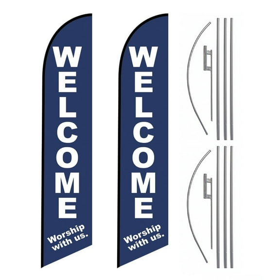 Pack 2 - Welcome Worship With Us Church 15' FT Feather Banner Sign with Flag Pole Kit and Ground Spike - Perfect for churches looking to welcome visitors and encourage worship attendance.