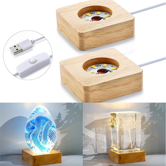 Pack 2 Wooden LED Light Display Base 2.3in Crystal Glass Light Base Stand Wood LED Display Stand for 3D Crystal Laser Glass Resin Art Warm Light Square USB Only