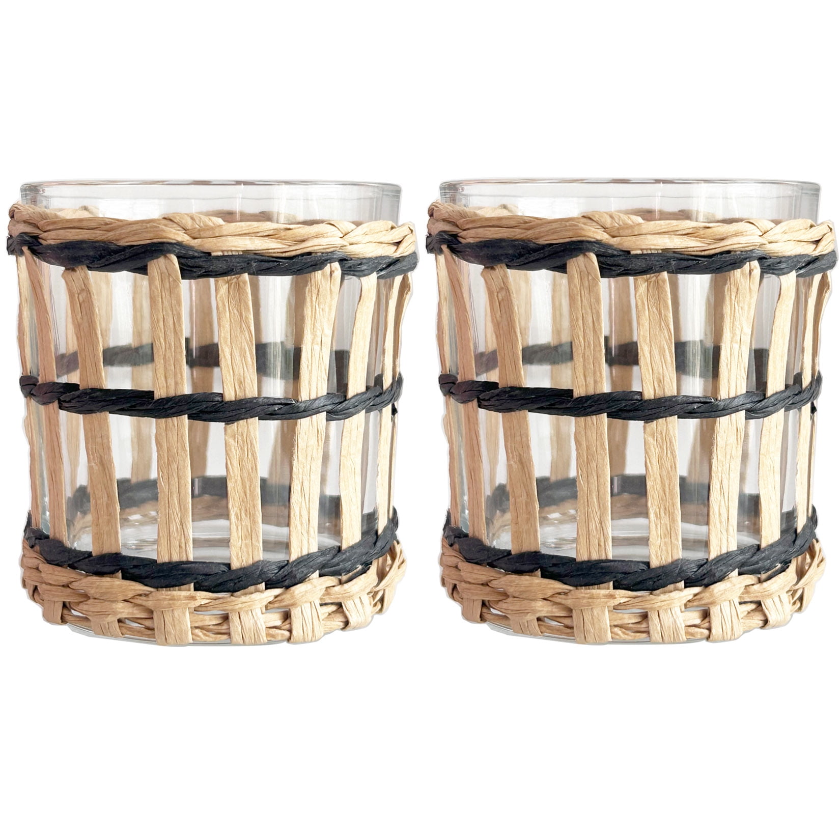 Pack 2 Woven Rattan Tealight Candle Holder Candle Lantern, Coastal Tropical Glass Tea Light Holder, Natural Seagrass Hand Woven Votive Candle Holder for Home Beach House Hawaiian Table Decorations