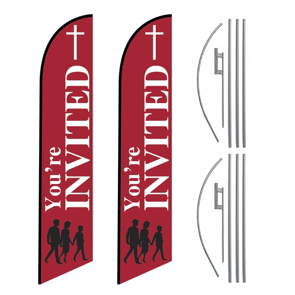 Pack 2 - "You're Invited" Church 15-Foot Feather Banner Sign with Flag Pole Kit and Ground Spike