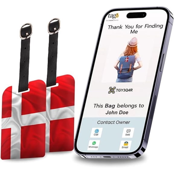 [Pack 2] tag8 Demmark Flag Tag Smart Bag tag |Trendy Luggage tag ID Identification National Flag Theme Fashionable Digital name tag | Airline compliant, SITA World Tracer Code Enabled | Travel gift