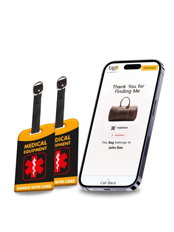 [Pack 2] tag8 Medical Equipment Smart Luggage Tag ID |Bag Tag8 for Respiratory Devices, Cpap, Surgical Equipment, Medical Device | Airline Compliant | Sita World Tracer Code Enabled | Gift idea