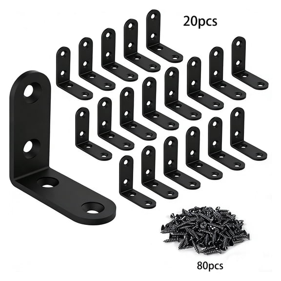 20 Pack Heavy Duty 2x2 Inch Black Stainless Steel L Brackets with Mounting Screws, Right Angle Corner Braces for Shelves Cabinets Wooden Furniture