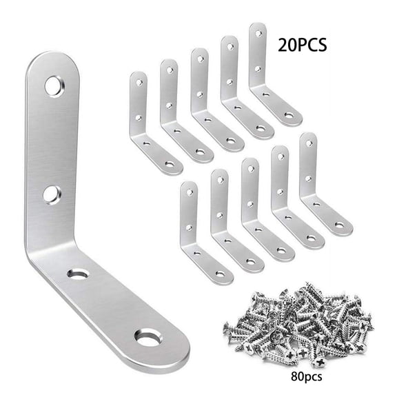 Pack of 20 L-brackets, 2x2 inches, black heavy-duty L-brackets, suitable for right-angle connections, used to support shelves, ideal for shelves, wooden furniture, and cabinets, includes screws